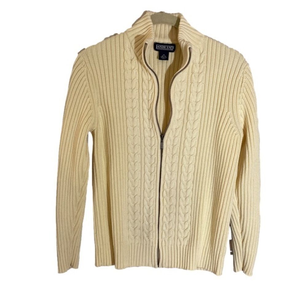 Lands' End Zip Cardigan Ribbed Cable Knit Natural Medium
